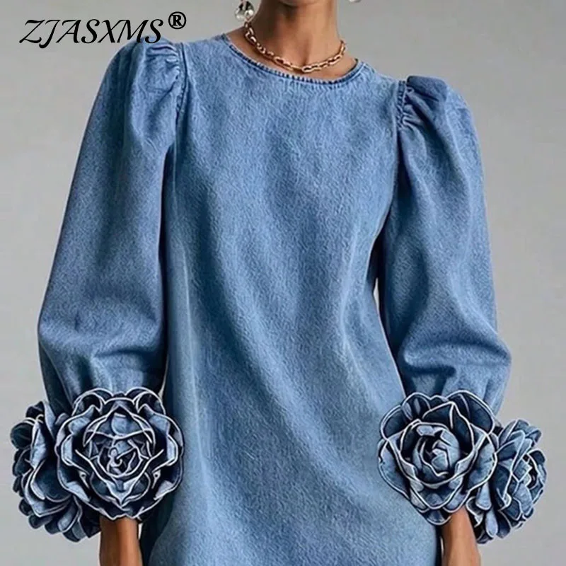 Women Mini Dress Round Neck Puff Long Sleeve 3D Rose Flower Cuff Decor Shift Short Dress Casual Elegant Party Chic Solid Dresses