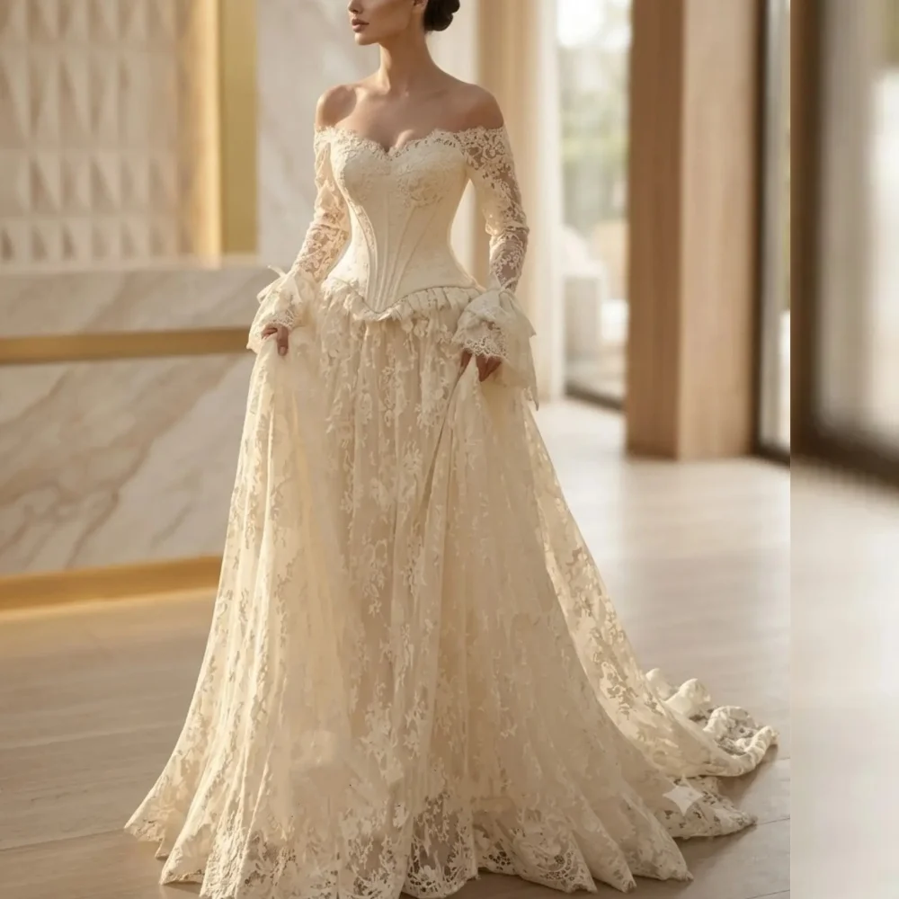 Customized Lace Elegant Off-the-shoulder Wedding Gowns High Quality A-line Long Dresses Wedding Party Dress for Banquet