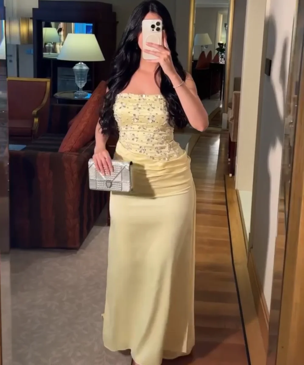 Customized High Quality Charmeuse Pleat Sequined Straight Strapless Long Bespoke Occasion Evening Dresses Exquisite