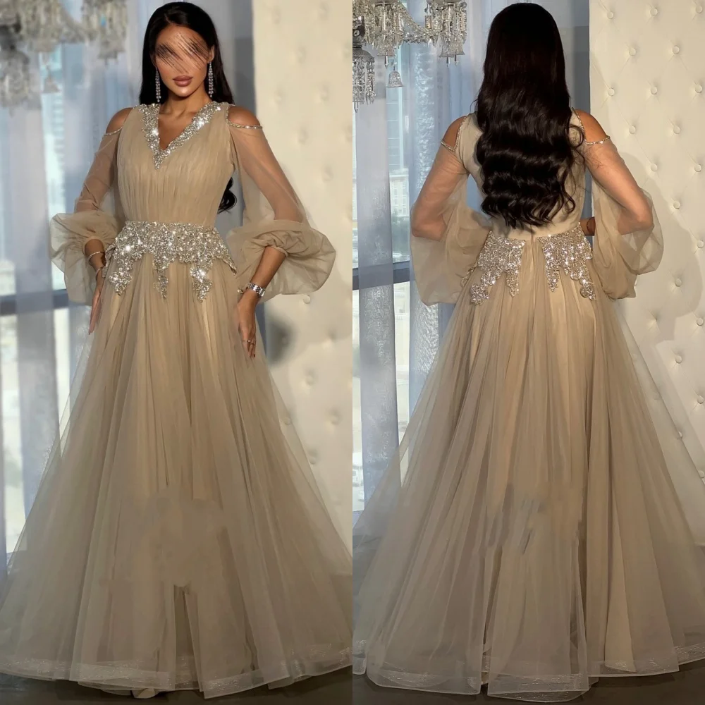 Customized Elegant Exquisite Organza Sequined Pleat A-line V-neck Long Dresses Bespoke Occasion Casual