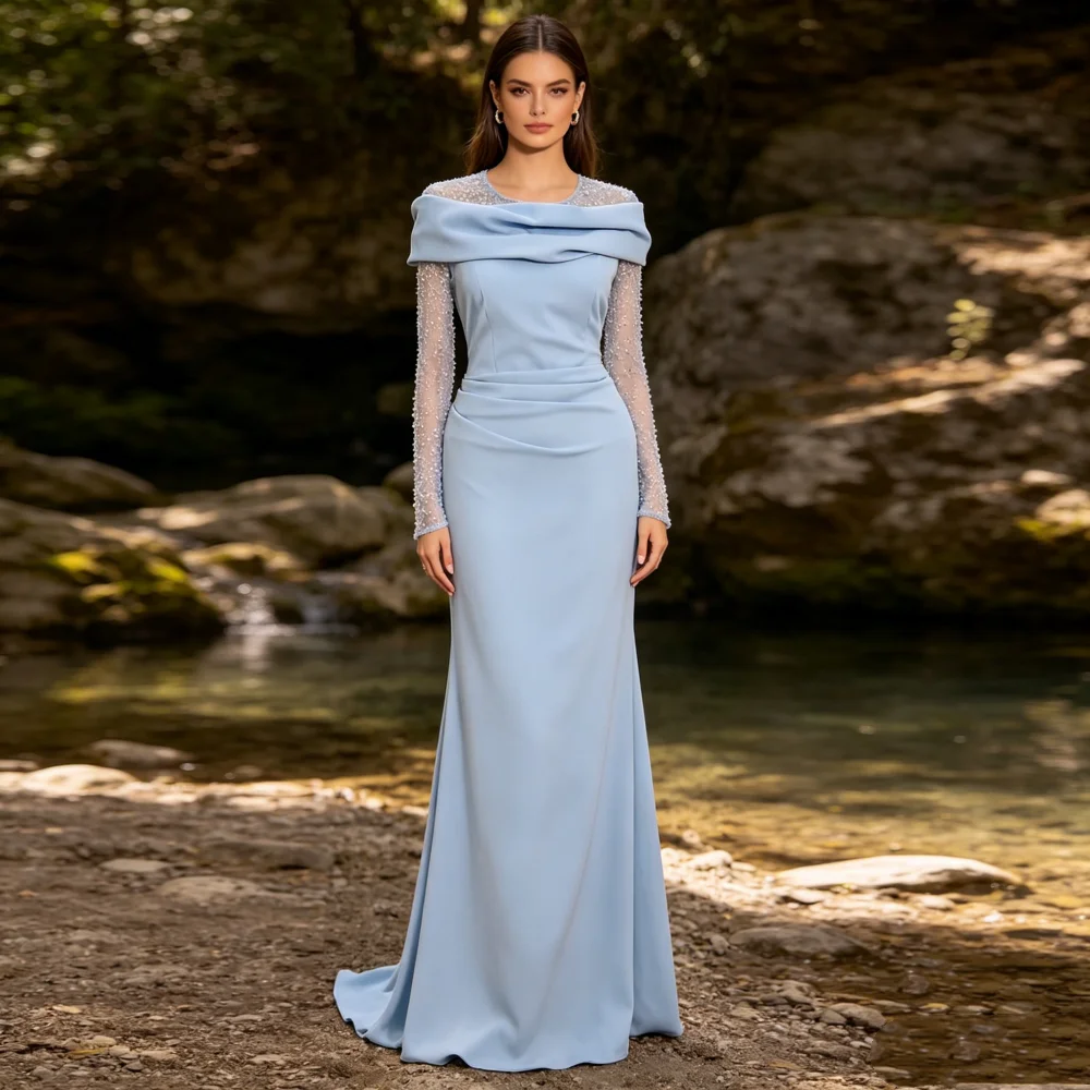 Customized Lace Long Sleeves Evening Dress O-Neck Trumpet Floor-length for Banquet High Quality Wedding Party Dress