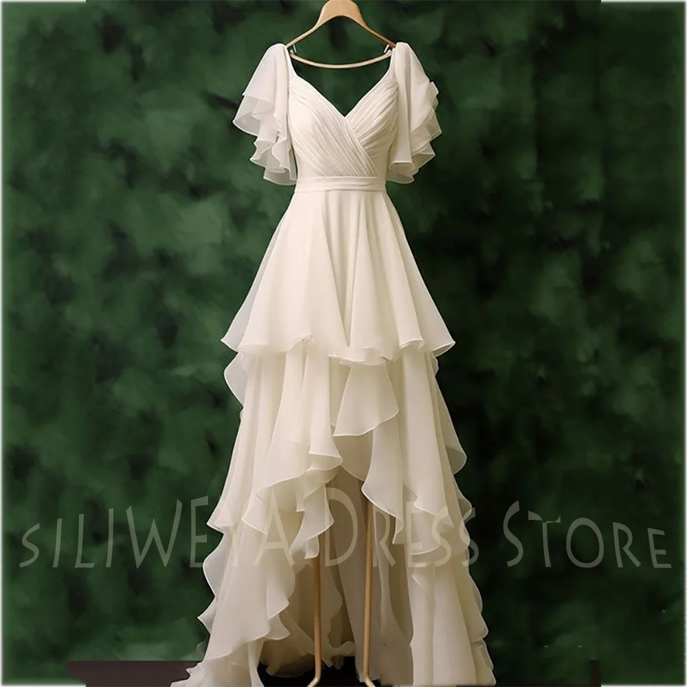 Modern Style Evening Dresses V-Neck Short Sleeves High Low Classic Tiered Ruffles Banquet Formal Occasion Prom Gown For Women