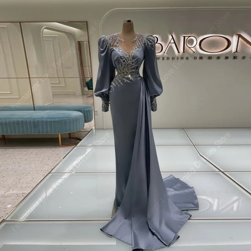 206 Sweetheart Collar Women Evening Dresses Luxury Long Sleeves Mermaid Prom Gowns Cocktail Party Vestidos De Noche Customized