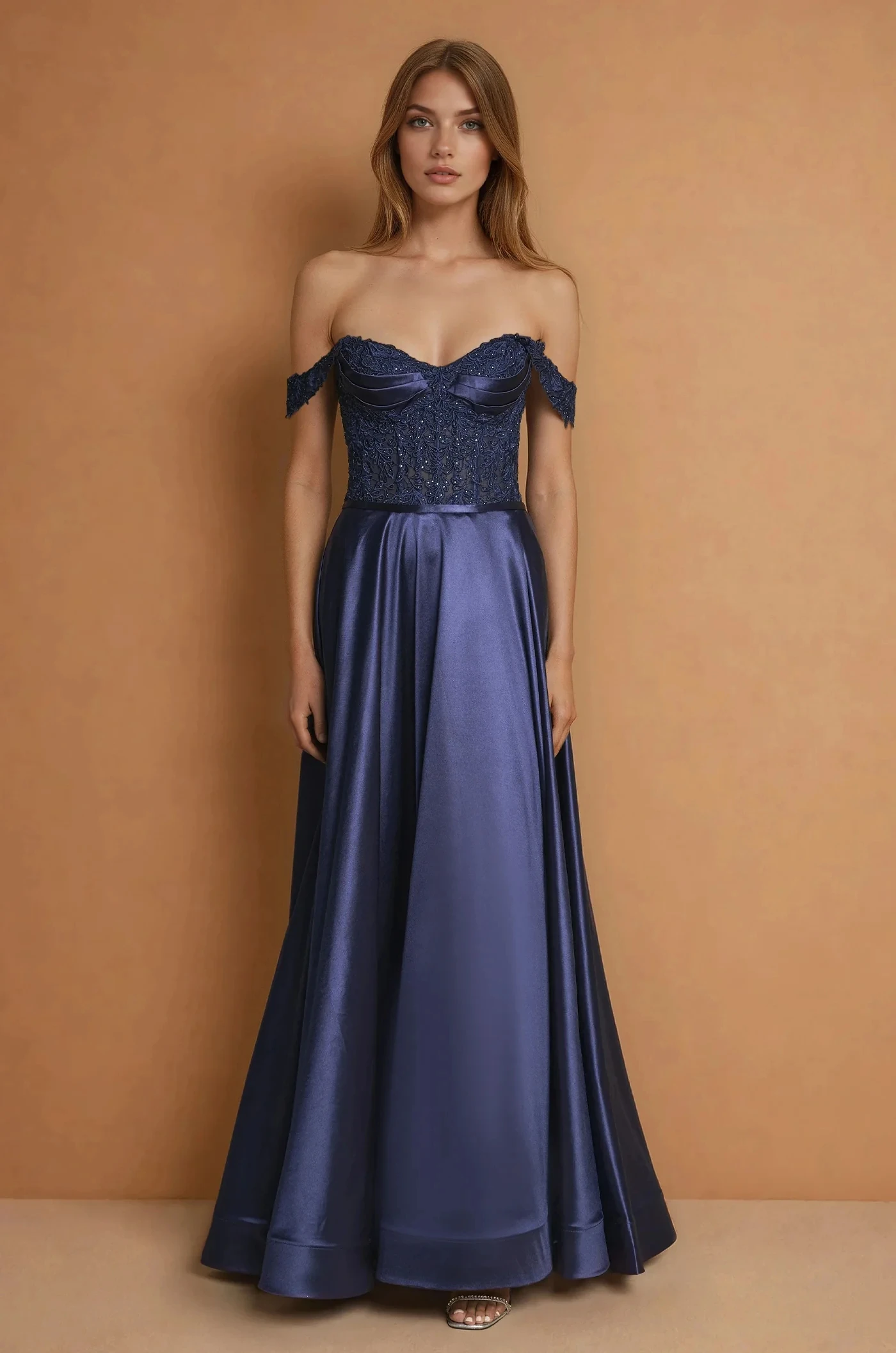 Customized Women Evening Dresses Beaded Satin A-line Graduation Dress Off-the-shoulder Pleated Navy Blue Party Gown Maxi 2026