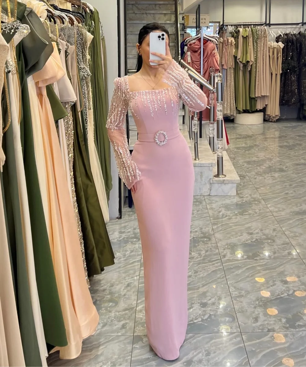 Customized Classic Jersey Sequined Sash Straight Square Neck Long Dresses Bespoke Occasion Quinceanera Sizes Available