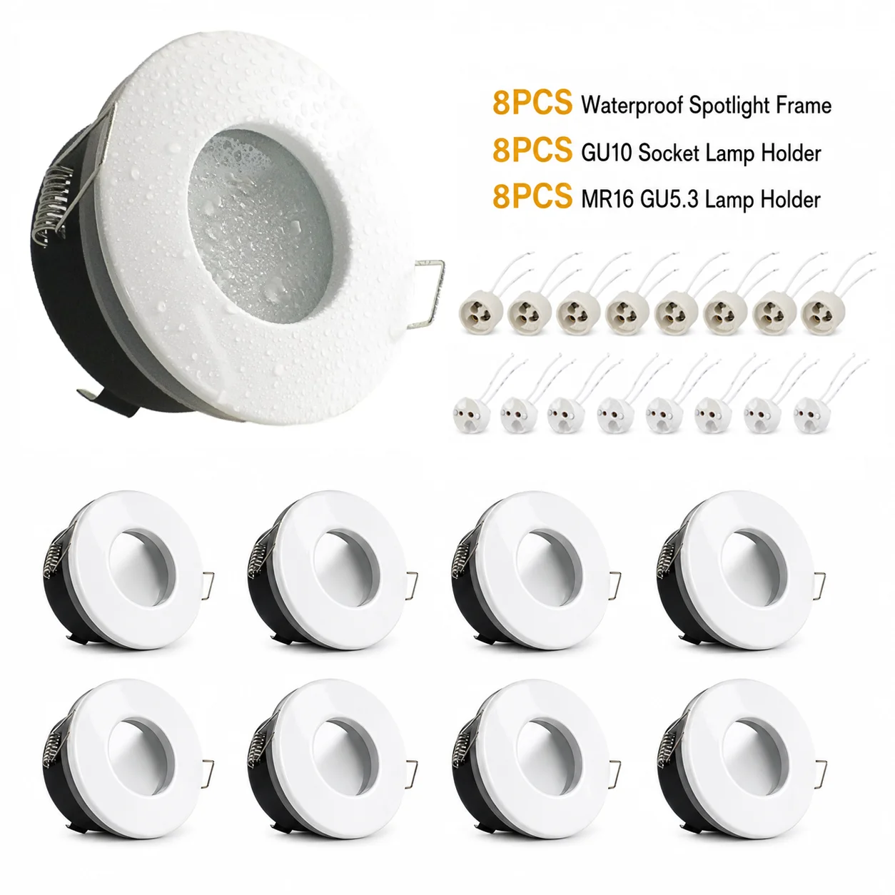 JOYINLED 8-teiliger LED-Strahler-Rahmen mit GU10 MR16 Fassung, wasserdichter Einbau-Deckenleuchtenrahmen, einfache Installation, Downlight-Leuchte, 70 mm Ausschnitt, Zinklegierung, Spot-Licht-Gehäuse für Badezimmer, Küche, Zuhause, Büro, Geschäft,...