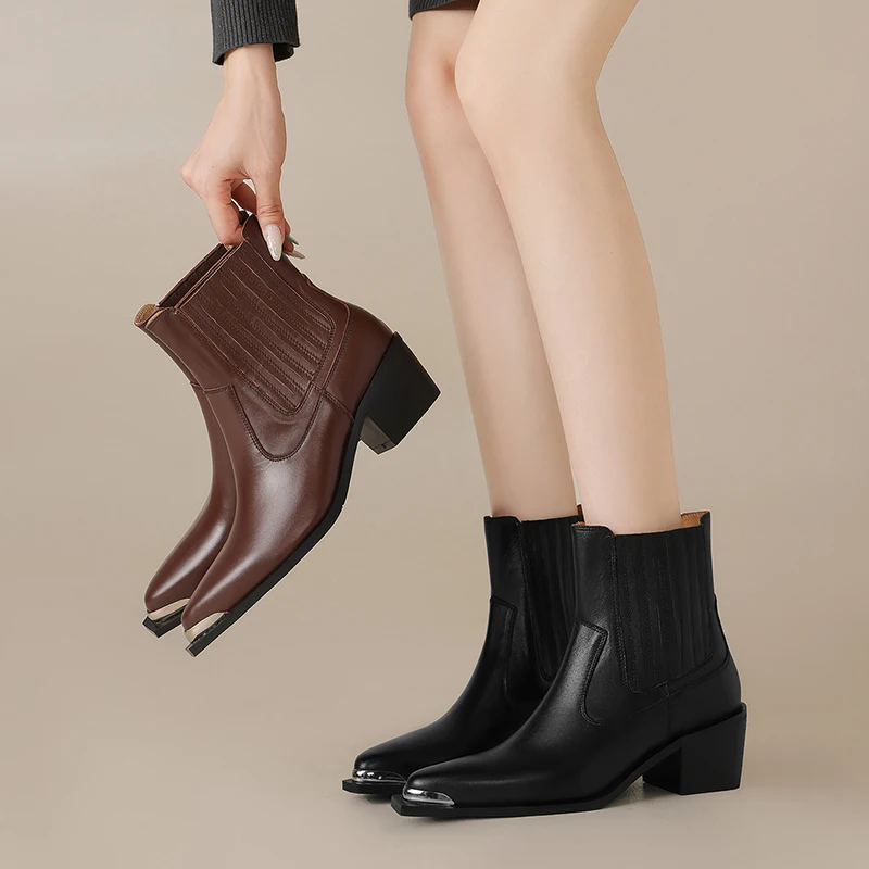 Neue Echtleder-Stiefel für Damen Spitze Zehe Hoher Absatz Knöchelhohe Stiefel Dicker Quadratischer Absatz Slip-on Western-Stiefel Cowboy-Damenschuhe