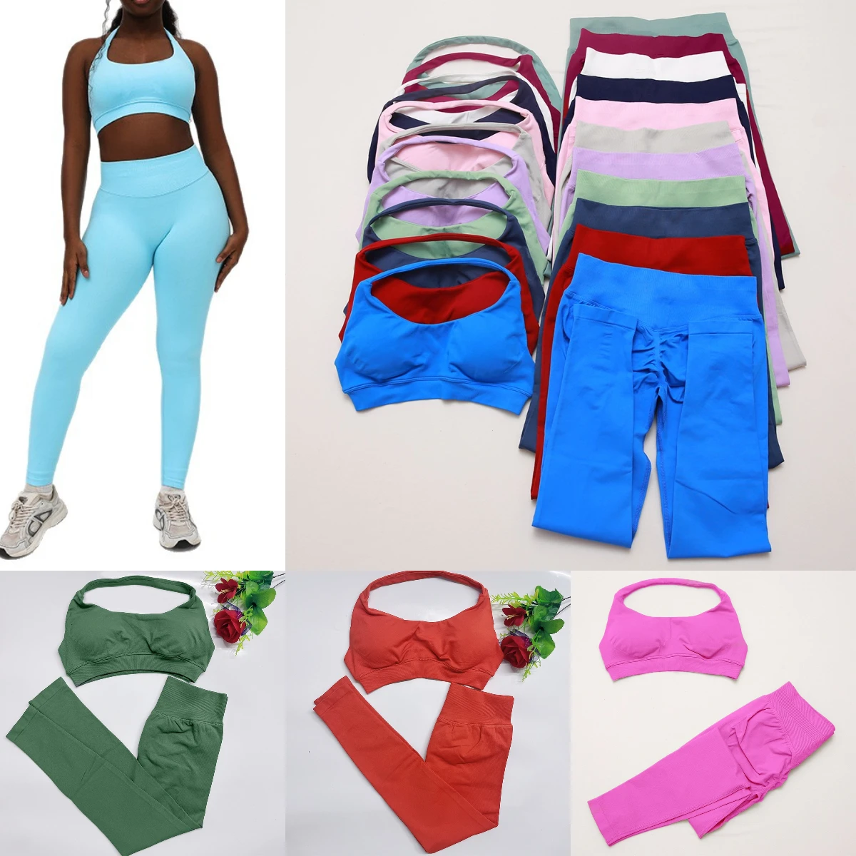Ensemble de yoga sans coutures, ensemble de leggings de sport, ensemble de pantalons de sport à effet froncé, soutien-gorge de sport à bretelles, vêtements de fitness, tenue de sport.