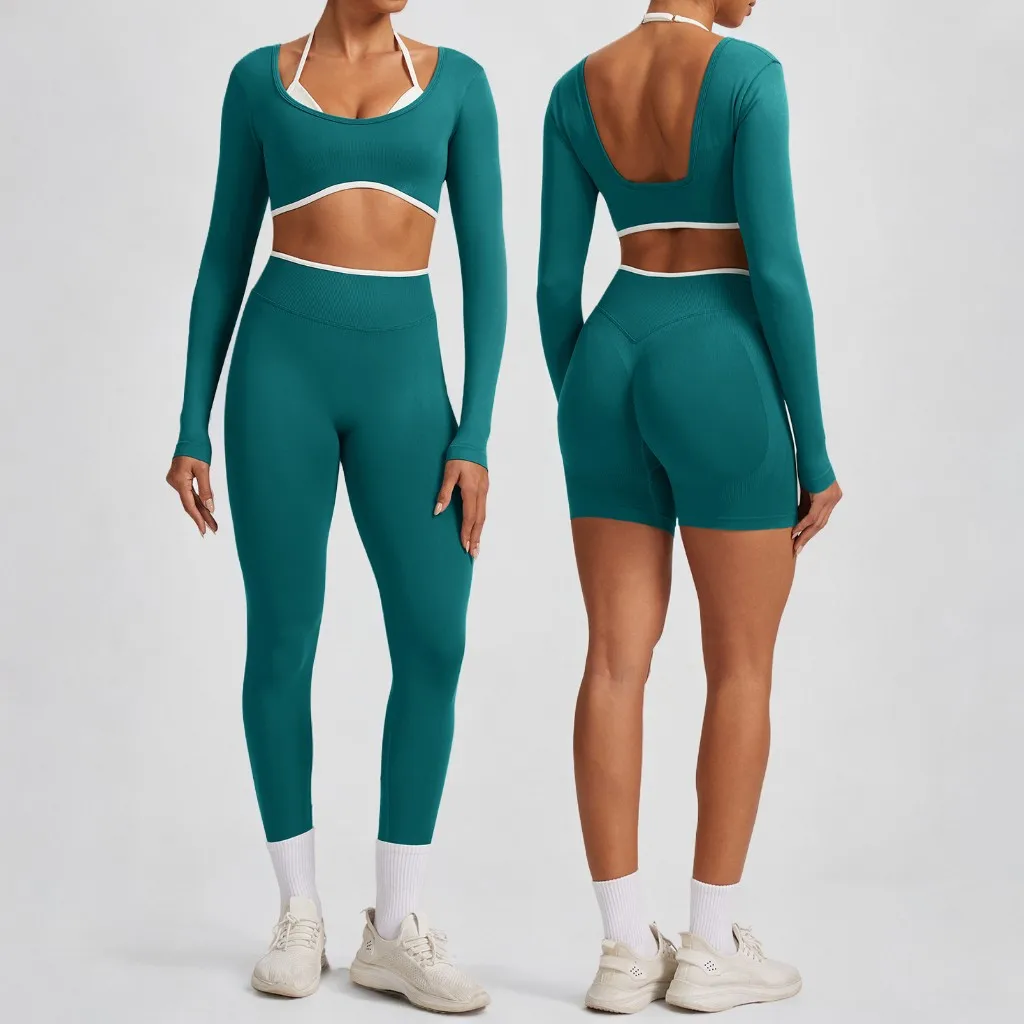 Ensemble de yoga sans couture 2 pièces pour femme, survêtement de sport, vêtements d'entraînement, vêtements de sport, legging de sport, soutien-gorge de sport, manches longues, ensembles de sport