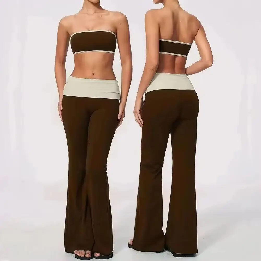 Ensemble de yoga 2 pièces pour femmes, vêtements de sport, tenues de fitness, vêtements de sport pour l'entraînement, pantalons à taille haute et jambes évasées, ensembles de sport