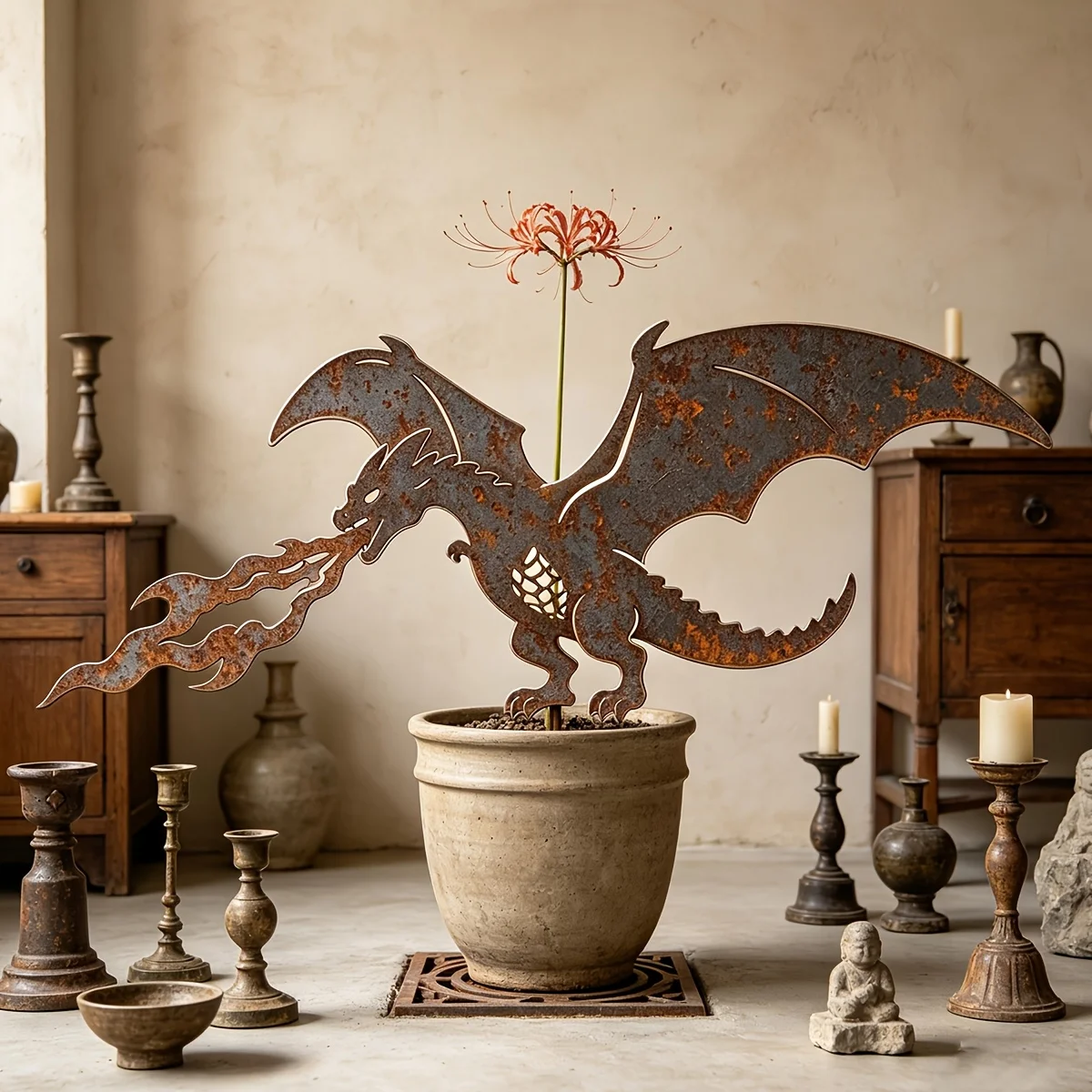 Décoration de jardin en métal rouillé en forme de dragon, art de jardin vintage en silhouette de dragon cracheur de feu vieilli, ornement de pelouse en fer ajouré, cadeau de décoration pour plantes d'extérieur, de jardin ou de patio, adapté aux...