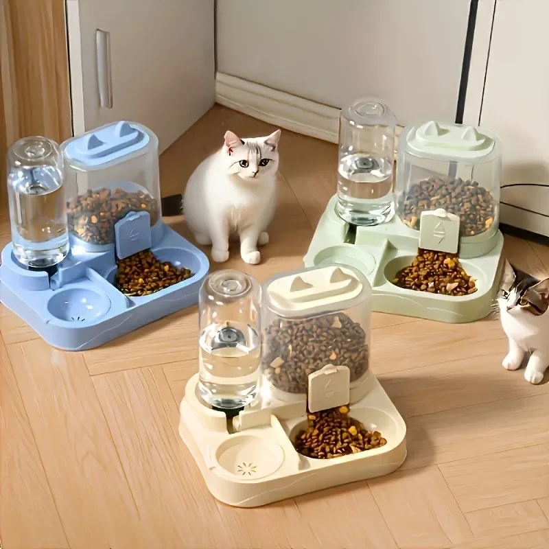 Distributeur automatique d'eau et de nourriture pour chats 2 en 1, avec séparation pour aliments secs et humides, bol pour nourriture pour animaux de compagnie, pour chats et petits chiens, utilisation à la maison et en voyage.