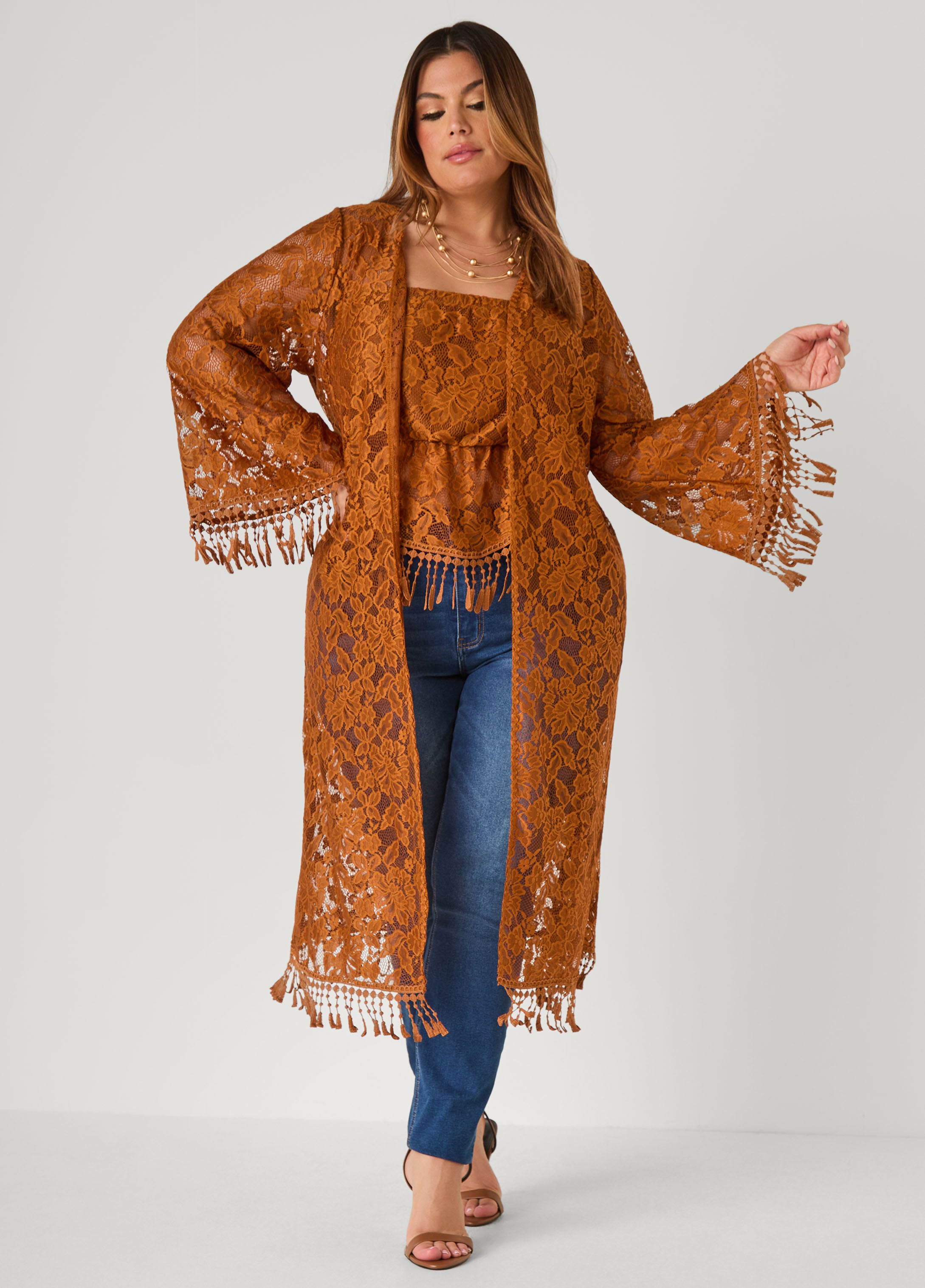 Plus Size Fringed Floral Lace Duster