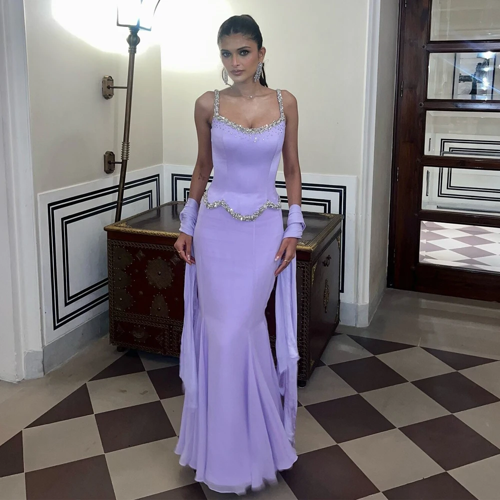 Customized 2 Pieces Mermaid Prom Dress Crystal Embellished Spaghetti Strap Party Gown with Scarf Fishtail Engagement Dresses