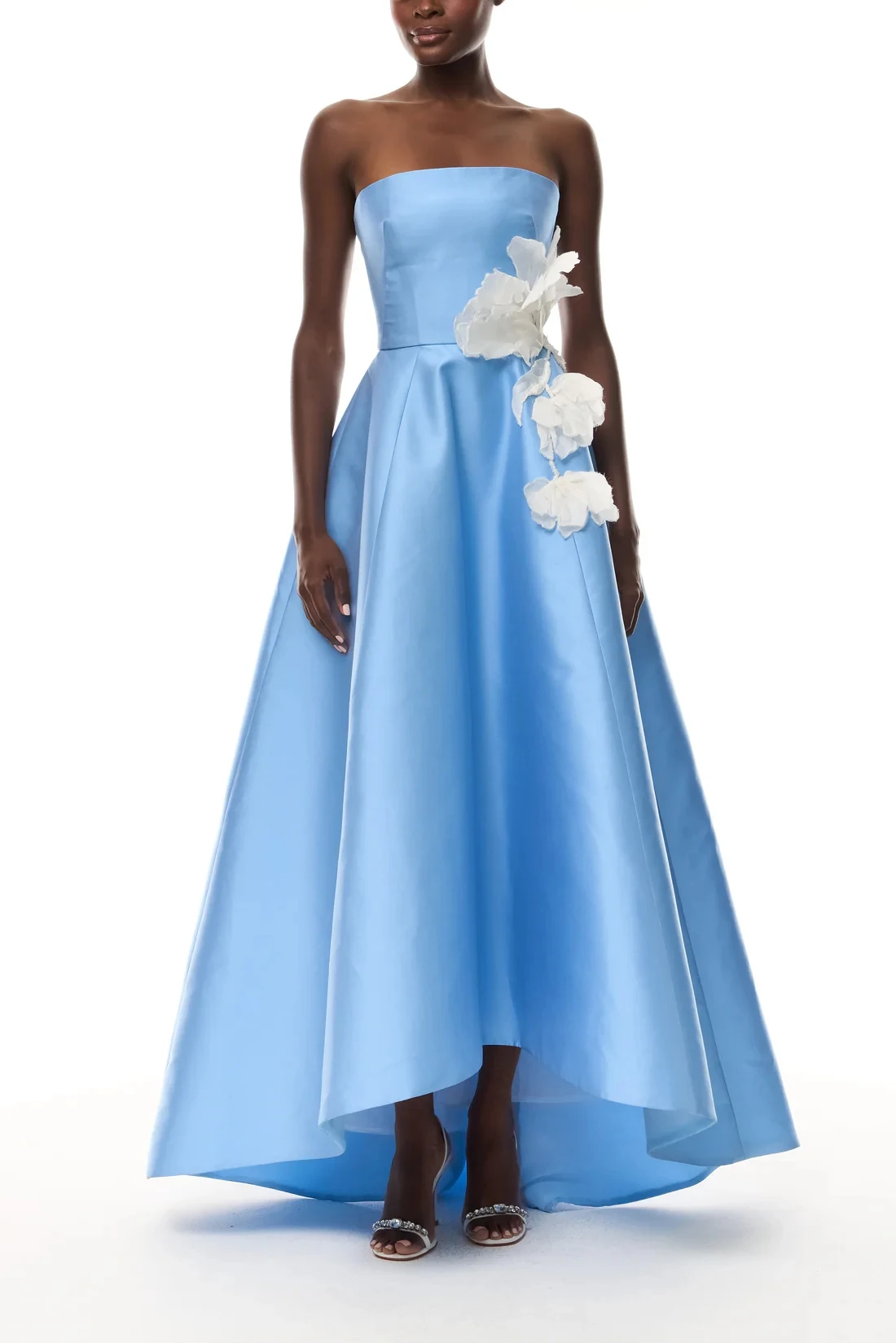 Customized Sky Blue Satin A-line Ankle Length Prom Gowns Sleeveless Strapless Party Dress with 3D Flower Evening Dress for Women