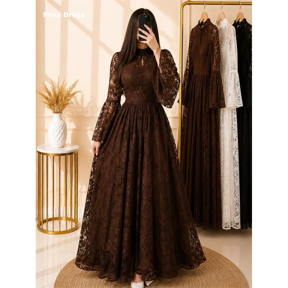 Mina Customized Brown Lace Round Neck Puff Long Sleeves Buttons Luxury Dresses 2026 Trends Prom Dress Women's Evening Dress Day