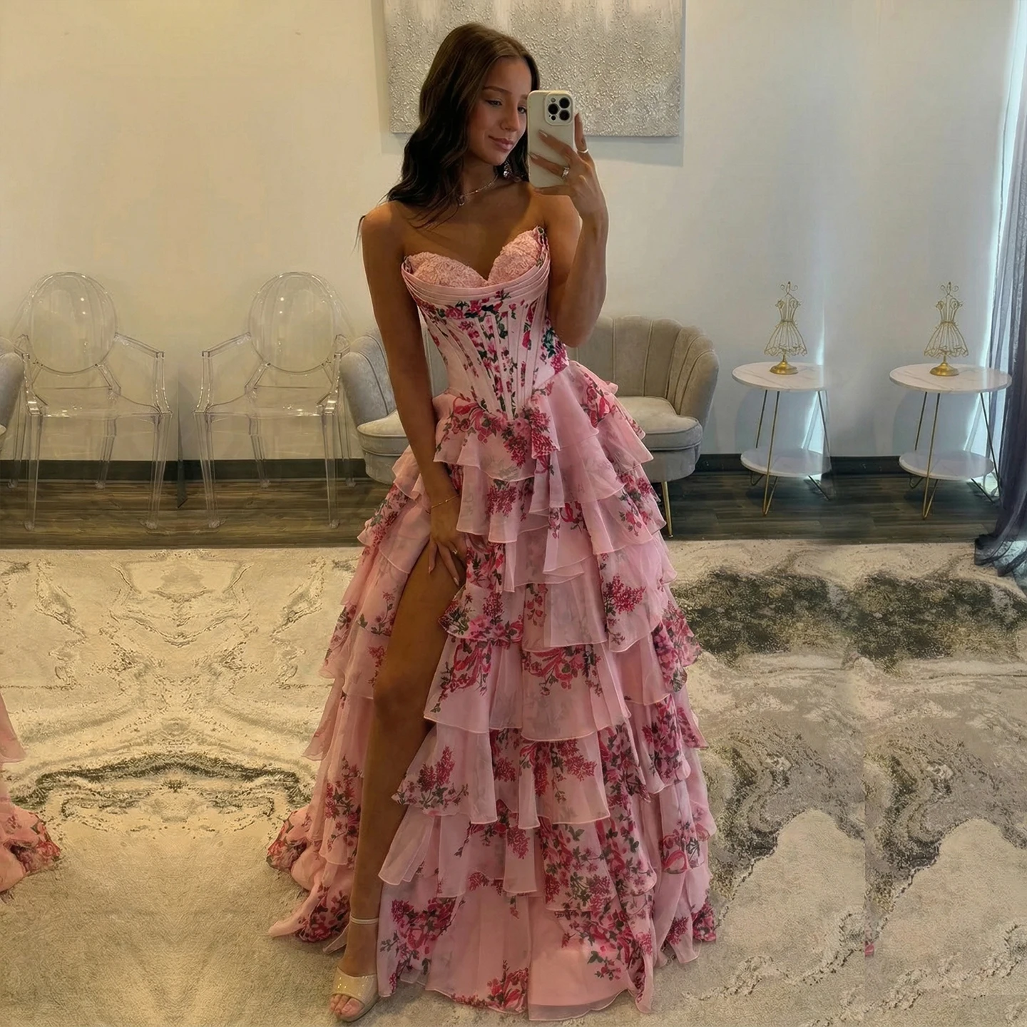 Remote Moon Strapless Corset Floral Print Ruffle Chiffon High Slit Prom Gown Saudi Arabic Wedding Guest Dress Customized MN068