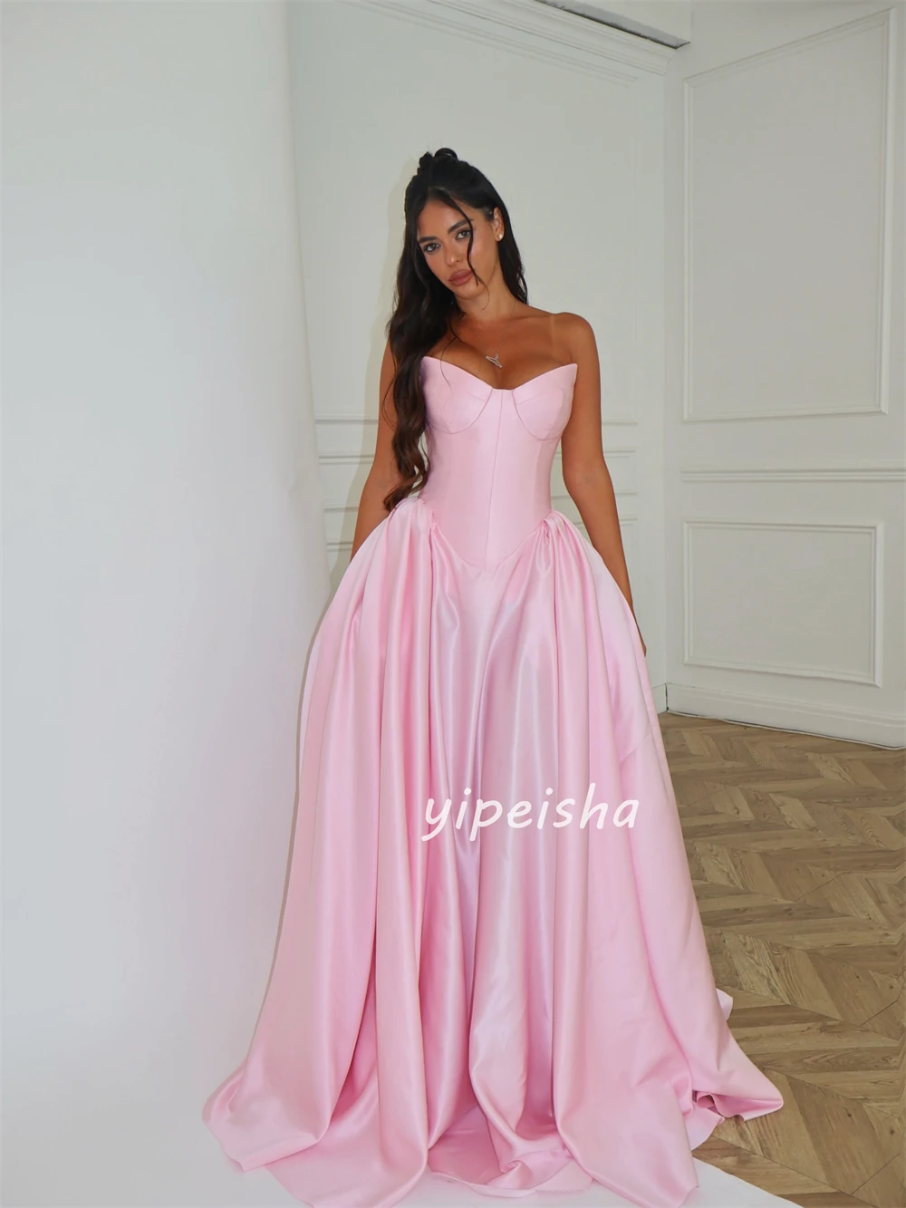 Customized Simple Women Charmeuse Ruched Pleat A-Line Evening Dresses Formal Strapless Sleeveless Sexy Floor Lenght Prom Dresses