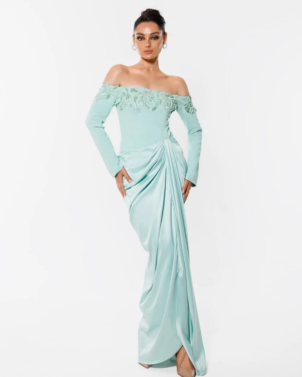 Customized Elegant Women Jersey Beading Ruched Sheath Evening Dresses Modern Style Off-the-shoulder Floor Lenght Prom Dresses