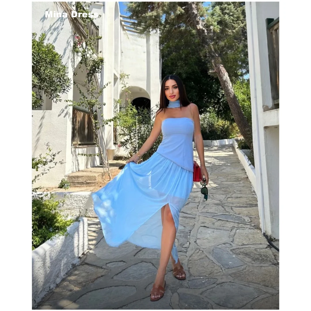 Mina Customized Blue Pleated Tube Top With Slit Luxury Party Dresses for Special Occasions Sleeveless and Backless Prom Dress
