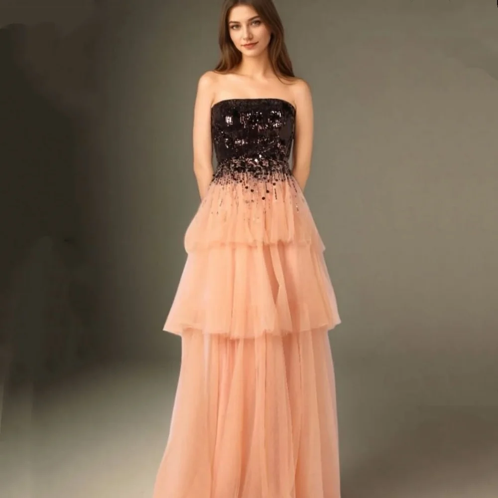 Customized Modern Style Sparkle Tulle Tiered Sequined Straight Cocktail Dresses Classic Strapless Sleeveless Evening Dresses