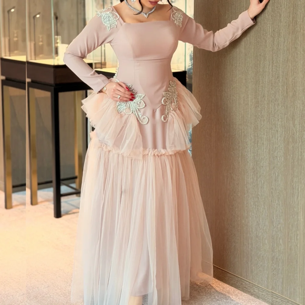 Customized Classic Elegant Evening Dress Square Neck Glitter A-line Long Dresses Formal Party Dress for Wedding Guest