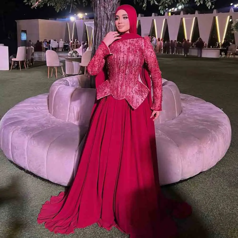 Customized Muslim Evening Dress With Hijab Beaded Lace Corset Top Long Chiffon Wedding Party Gown A Line Peplum Abaya Outfit
