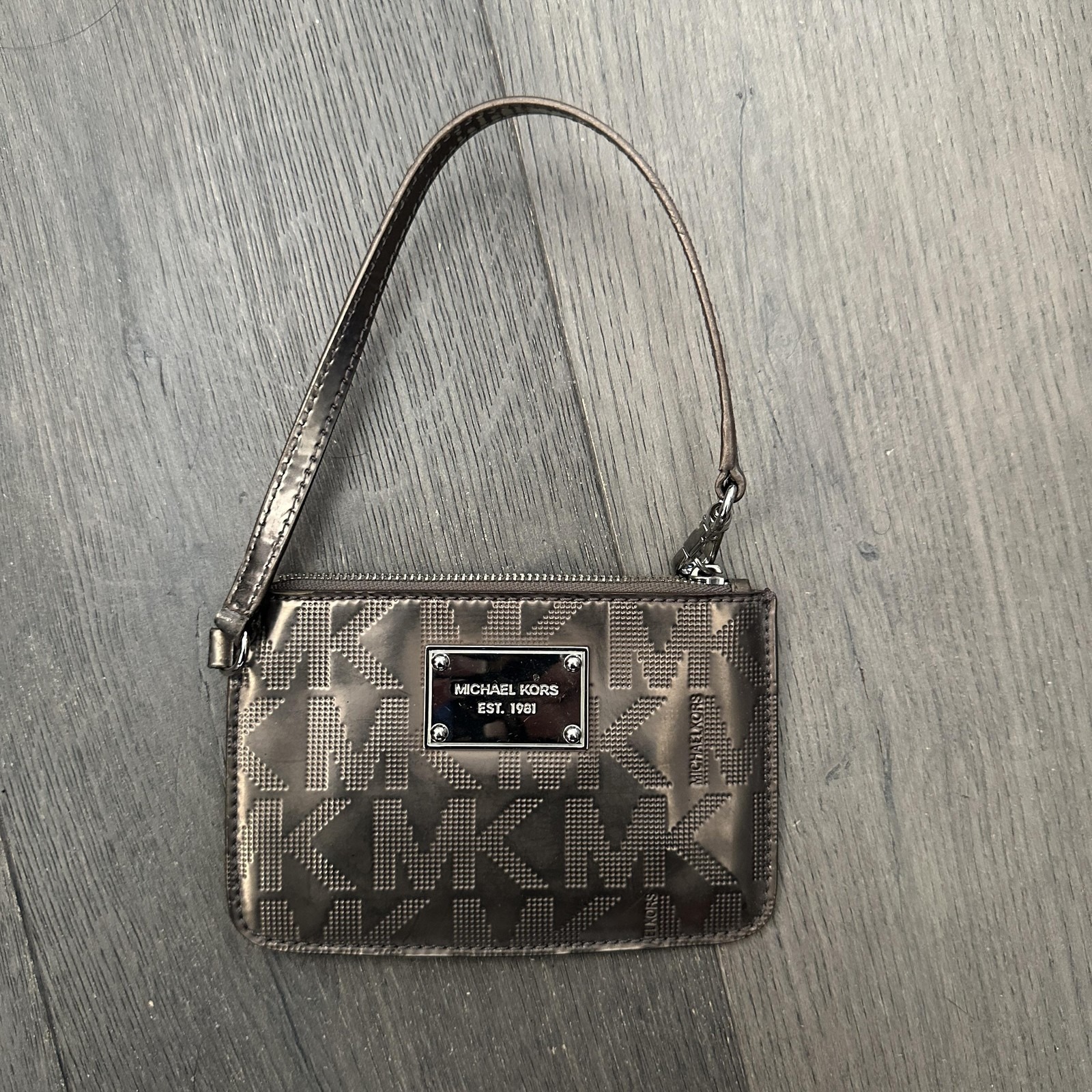 Michael Kors Bags | Vtg Michael Kors Y2k Clutch Wristlet Bag Mini Bronze Pvc Mk Zip Detachable Strap | Color: Brown/Silver/Tan | Size: Os