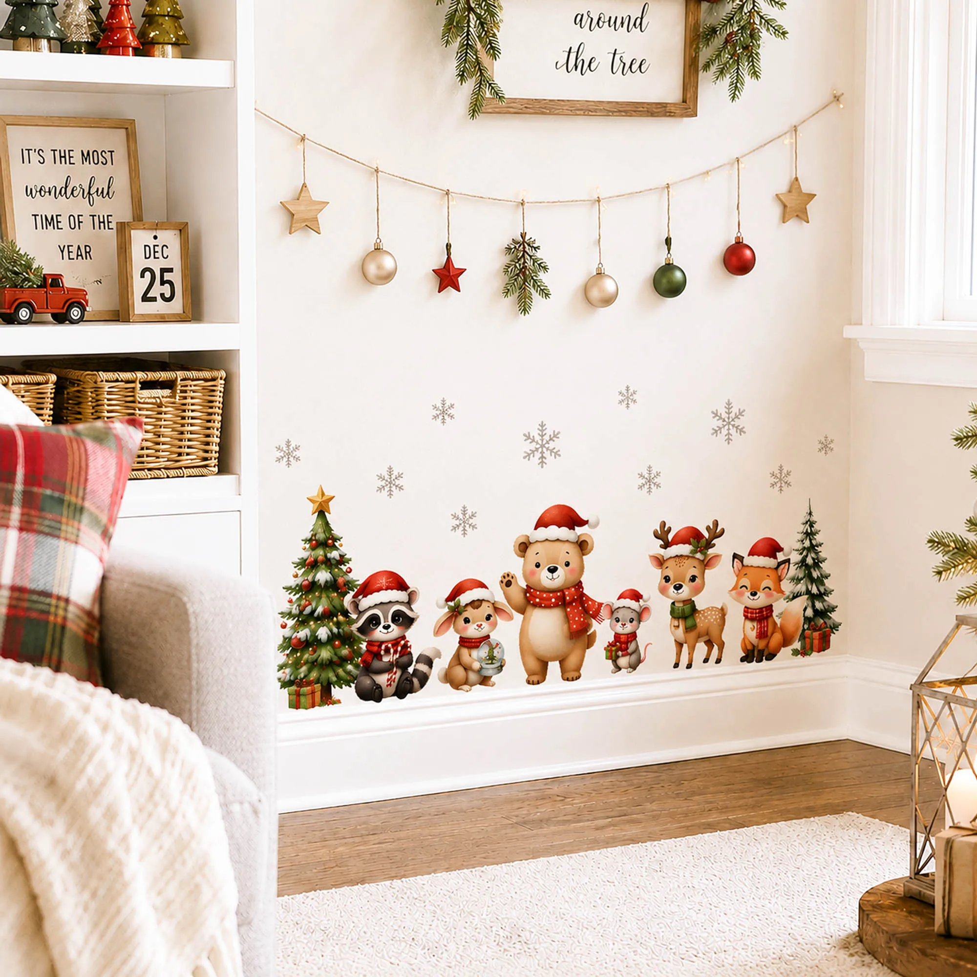 Weihnachtliche Tier-Wandaufkleber, Niedliche Waldtiere Wandsticker, Weihnachtsmann, Fuchs, Hirsch, Feiertagsdekoration für Zuhause, Kinderzimmer, Türdekoration