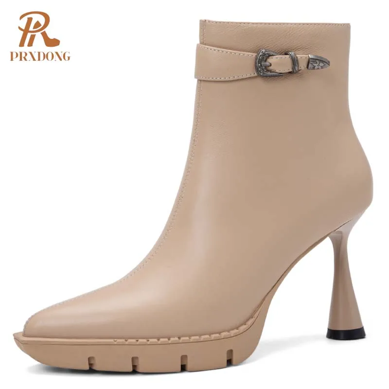 PRXDONG Marke Echtes Leder Frauen Schuhe Sexy High Heels Plattform Herbst Winter Warme Stiefeletten Kleid Party Dame Schuhe Größe 39