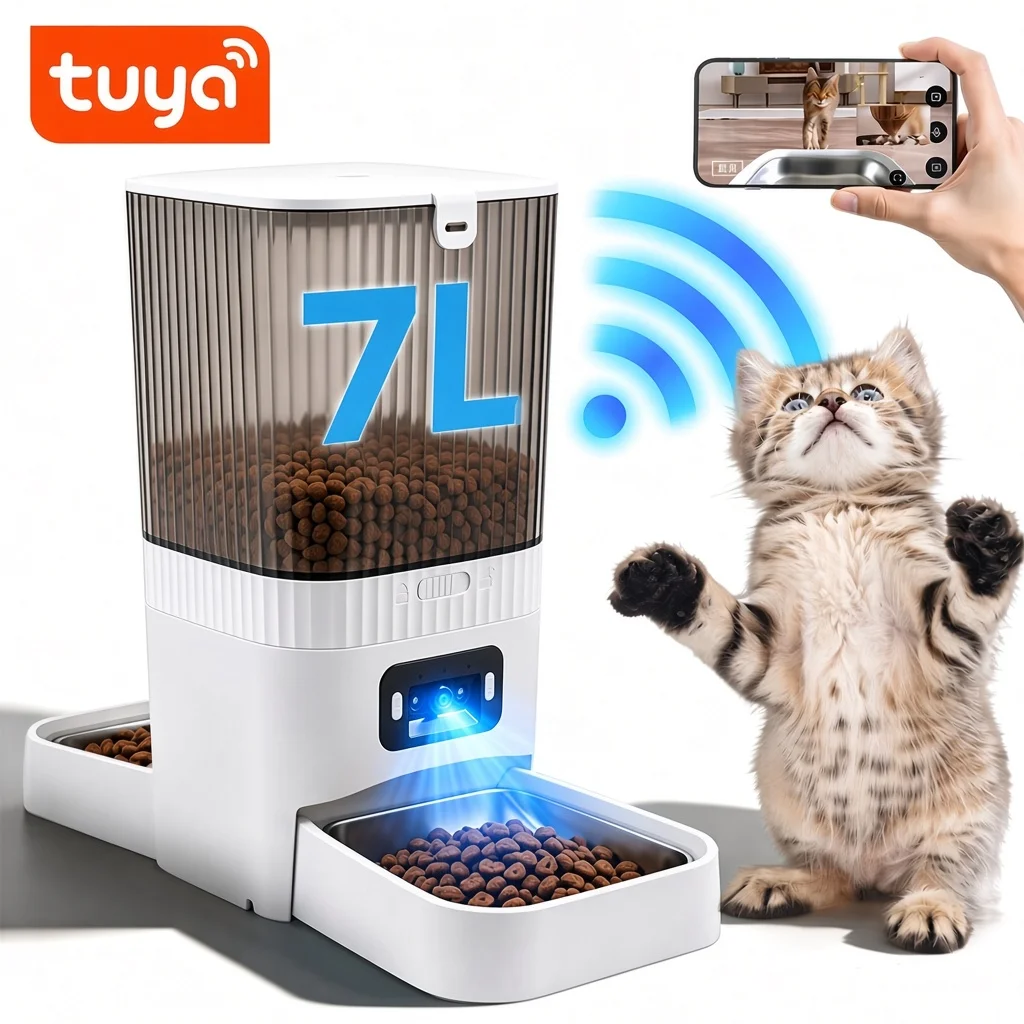 Distributeur automatique de nourriture pour chats 7L avec caméra 1080P, distributeur de nourriture pour chats 5G Wifi, enregistreur vocal intelligent pour animaux de compagnie, application Tuya, distributeur automatique de nourriture pour animaux de...