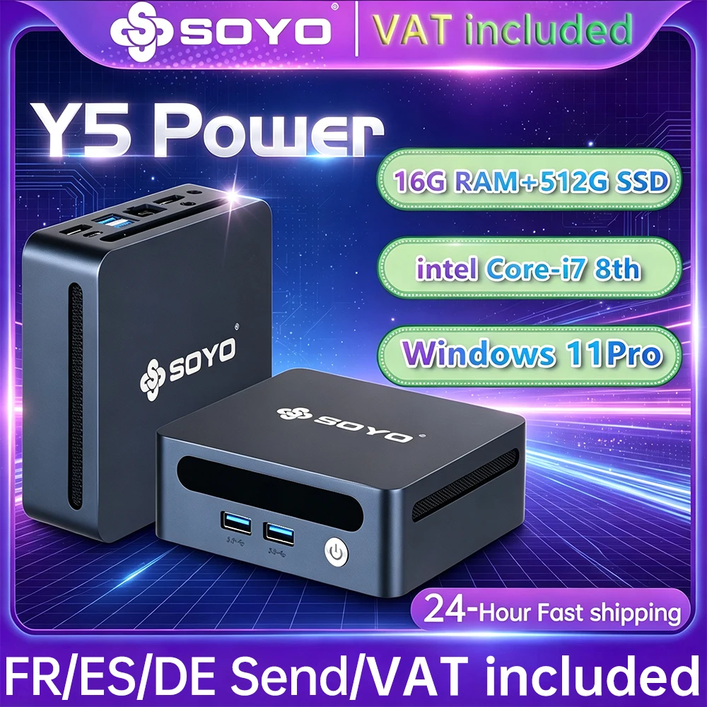 SOYO Mini-PC Y5 Power Intel Core i7 8. Generation CPU 16GB DDR4 512GB SSD Windows 11 Pro Mini-Desktop-Computer WiFi5 BT4.2 Dual 4K Display Gigabit RJ45 LAN USB3.0 Kompakter Mini-Host für Homeoffice,