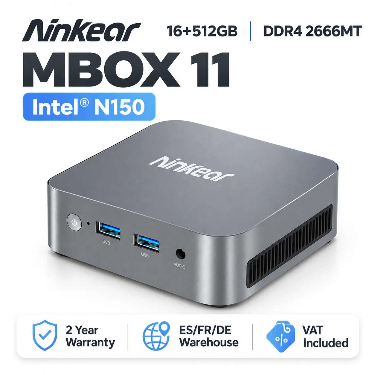 Ninkear MBOX 11 Mini-PC, Intel N150 bis 3,6 GHz, 16 GB DDR4 RAM, 512 GB SSD, Windows 11 Pro, zwei 4K-Monitore mit 60 Hz, HDMI 2.0, DP 1.4, WLAN 5, Bluetooth 5.0, Gigabit-LAN, kompakter Computer für