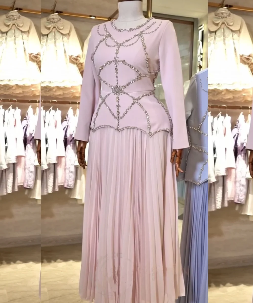 Customized Formal Jersey Pleat Sequined Pattern A-line Scoop Neck Long Bespoke Occasion Evening Dresses Chinese Style