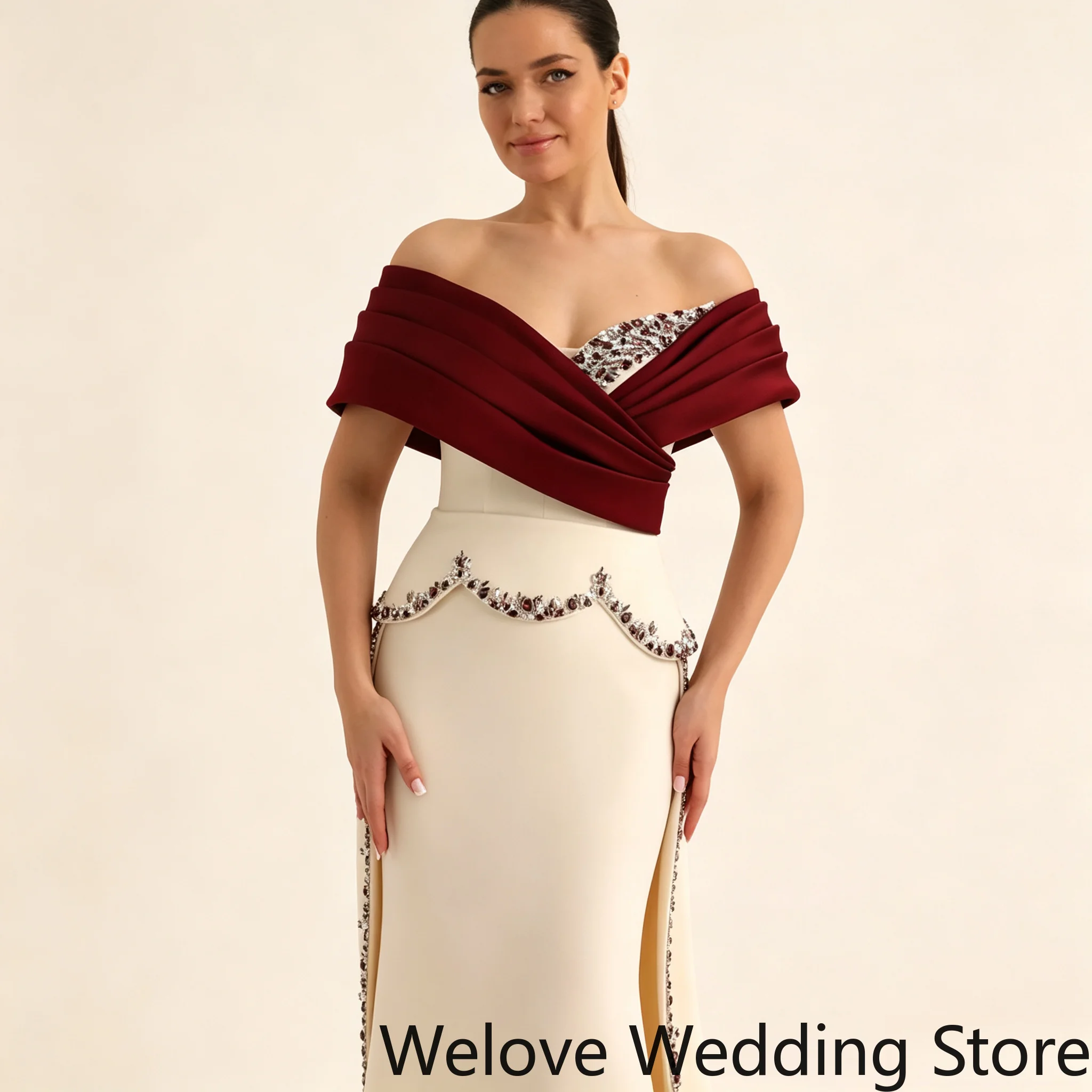 Burgundy Ivory Contrast Color Off‑Shoulder Prom Dress Pleated Draped Neckline Rhinestone Beaded Trim Fitted Skirt Sweep Train