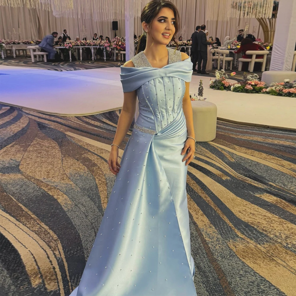 Customized Off the Shoulder Evening Dress Side Train Crystal Bmbellished Wedding Guest Gown Blue Satin Mermaid Formal Attire