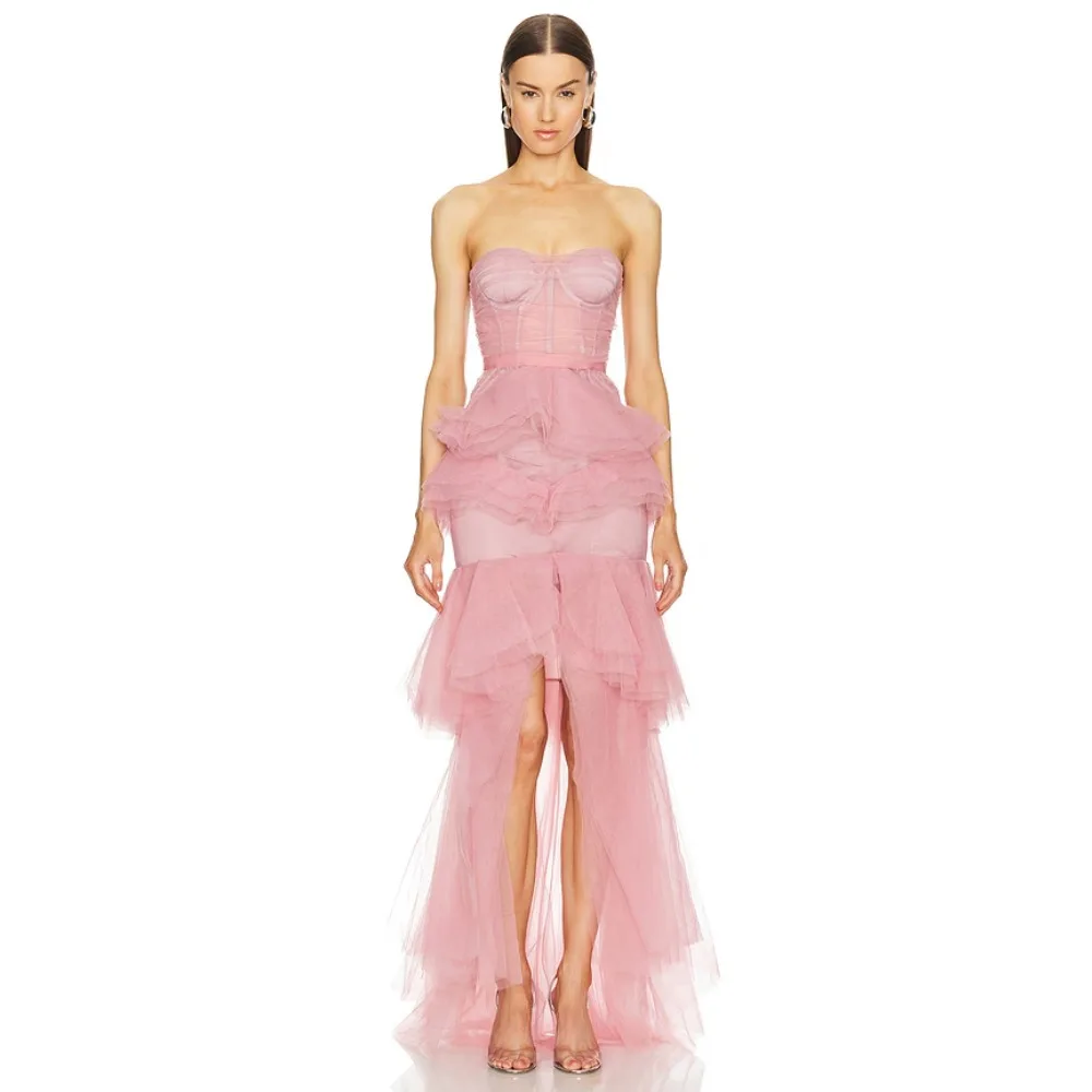 Customized Tulle Evening Dresses Long Ruffles Party Dress Pink Layered A Line Elegant Modern Formal Prom Gowns for Women 2026