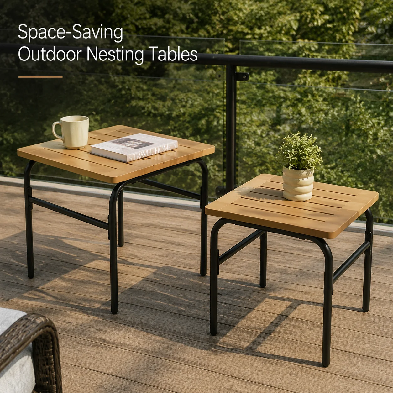 2-teiliges Outdoor-Beistelltisch-Set aus braunem und schwarzem Stahl für Terrassenmöbel