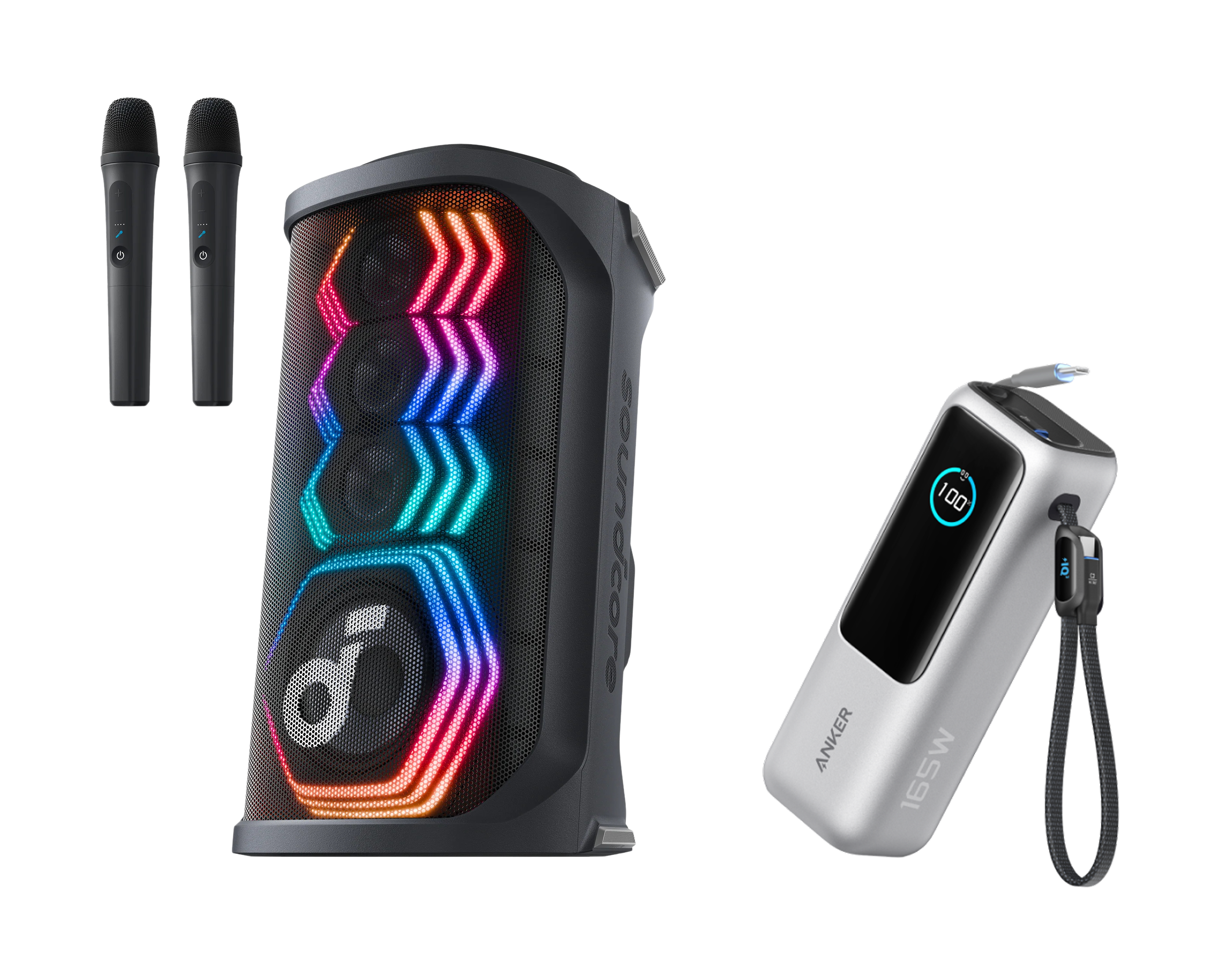 Rave 3S | KI Karaoke Party-Lautsprecher mit 200W Sound + Anker Powerbank (25K, 165W, Integriertes + einziehbares Kabel)