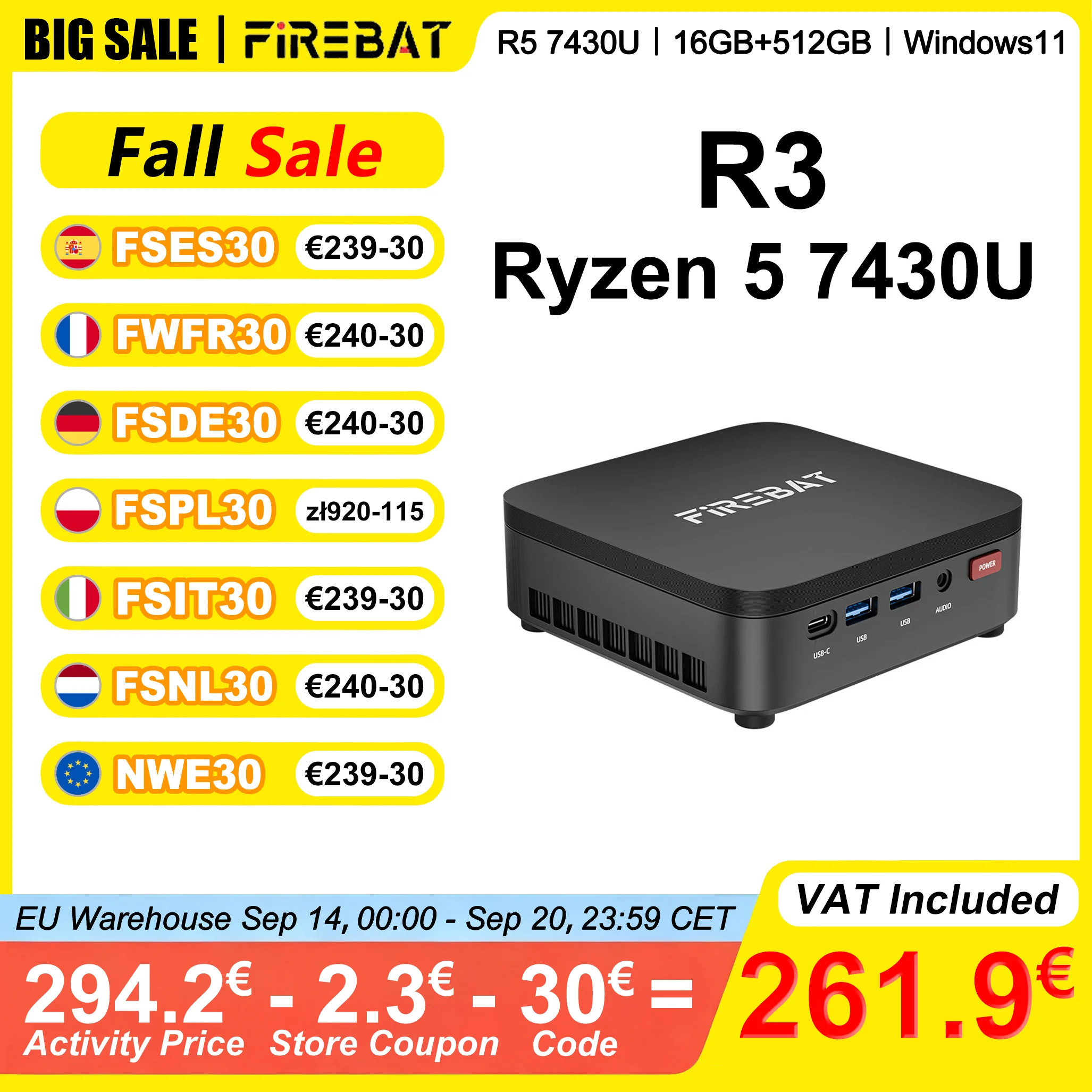 FIREBAT R3 Mini-PC AMD Ryzen 5 7430U 16GB LPDDR4 RAM 512GB SSD Windows 11 Wi-Fi 6 USB 3.0 BT5.2 Gaming-Desktop-Mini-Computer