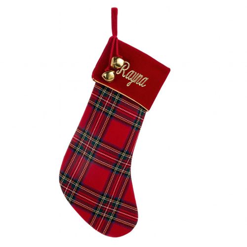 Jingle Bell Plaid Stocking Red , Red