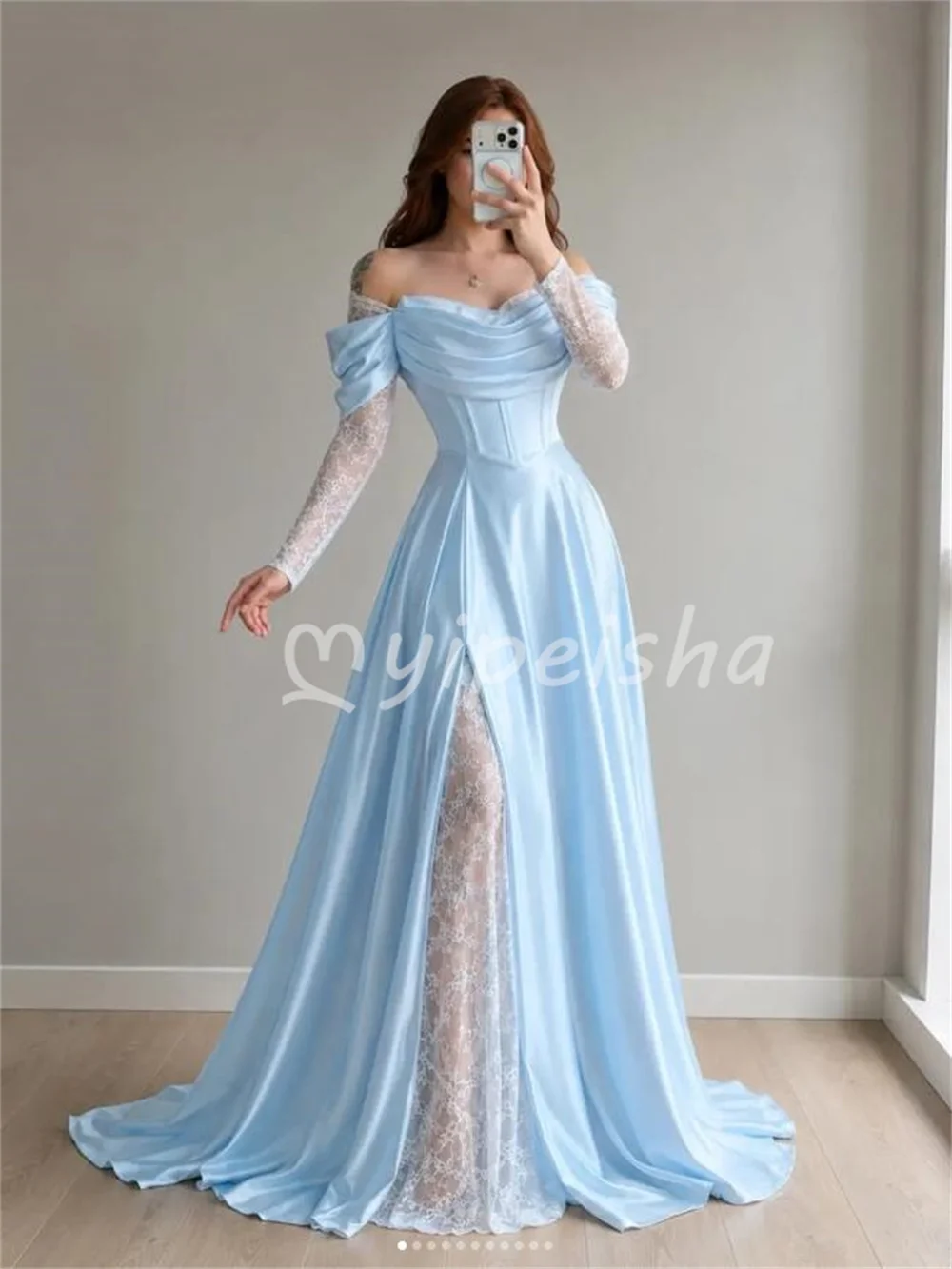 Sky Blue Elegant Classic Charmeuse Ruched Lace A-line Off-the-shoulder Floor-Length Evening Dresses For Wedding Party Customized