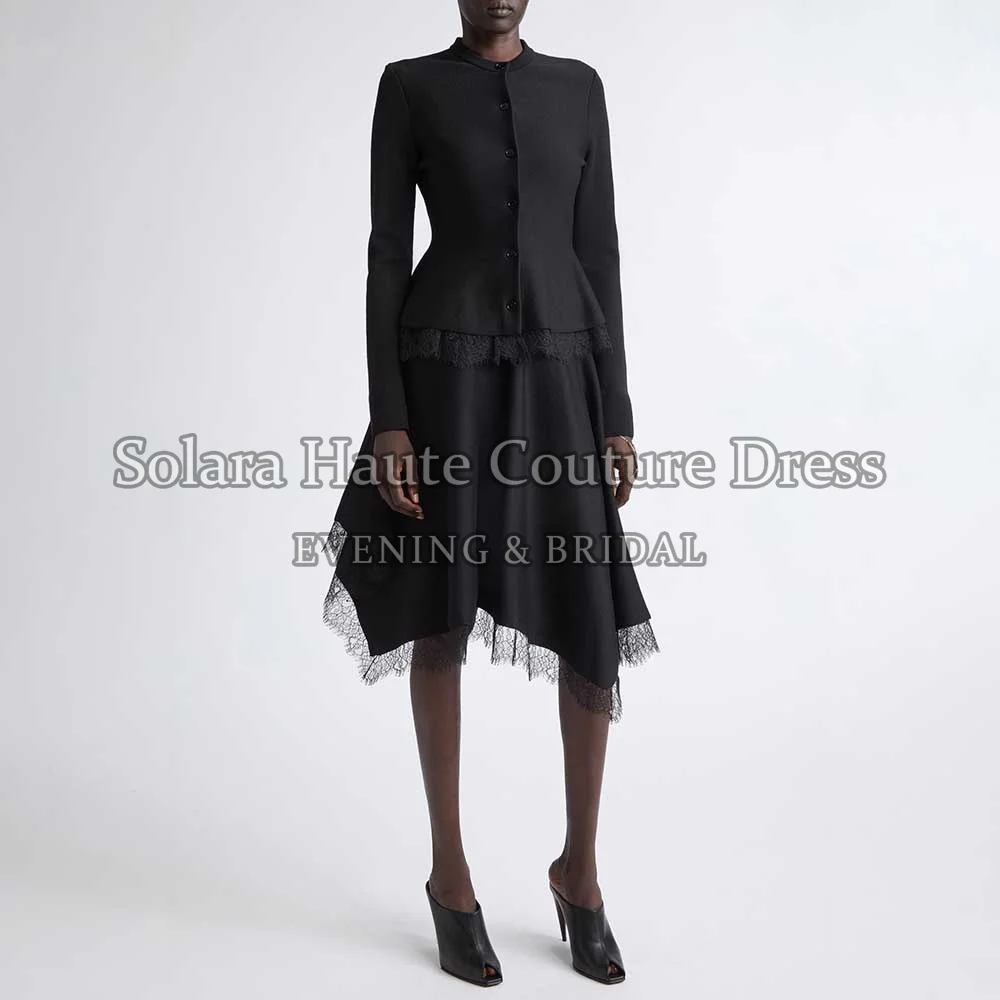 Two Piece Evening Dress Stand Collar Long Sleeve Button Peplum Top Asymmetric Midi Skirt Lace Trim Formal Cocktail Party Gown