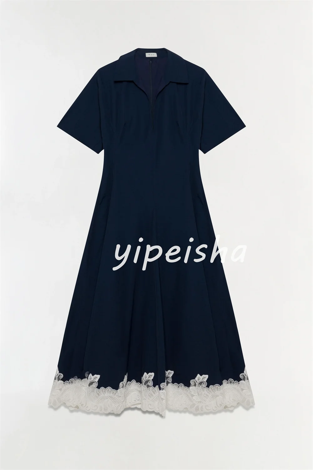 Customized Navy Blue Exquisite Simple Pleat Lace A-line V-neck Ankle Length Evening Dresses Formal for Woman Sizes Available