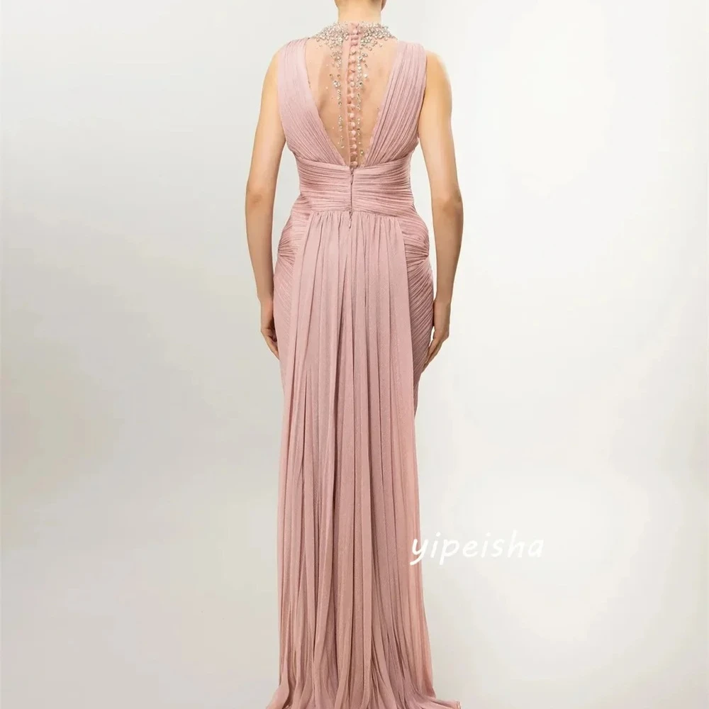 Customized Pink Fashion Chiffon Pleat Draped Rhinestone Straight High Collar Long Dresses Evening Dresses For Birthday Party