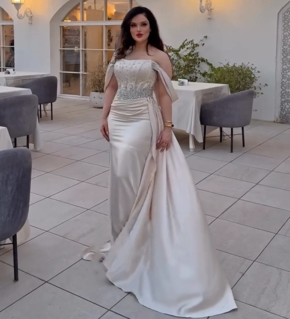 Customized Chinese Style Charmeuse Pleat Sequined Pattern Mermaid Off-the-shoulder Long Bespoke Occasion Evening Dresses