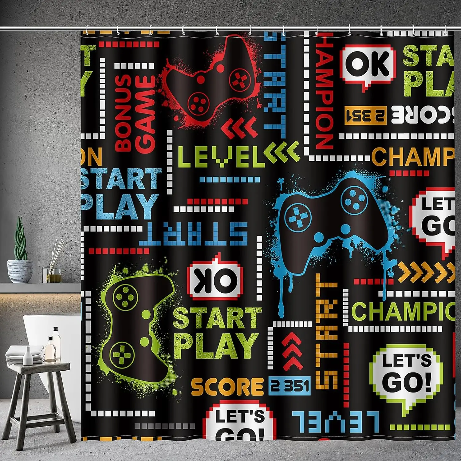 Game themed kids shower curtain-video gamepad player cool shower curtain with 12 hooks, boy bathroom decoration accessories
