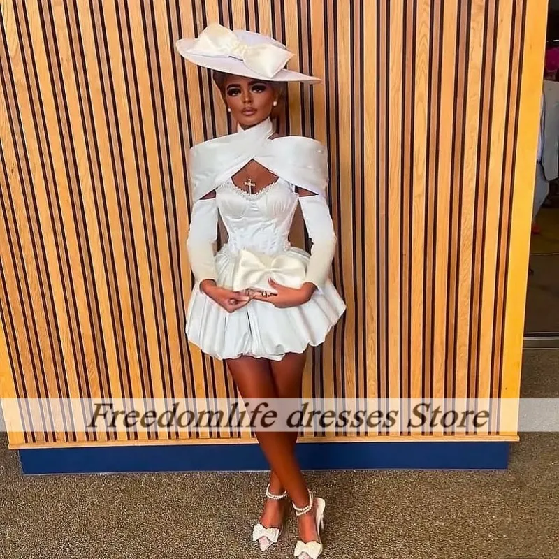 White High Neck Cocktail Dresses Girls 2026 Capped Long Sleeves Bow Mini Prom Dress Classic Birthday Party Gowns 2026 Customized