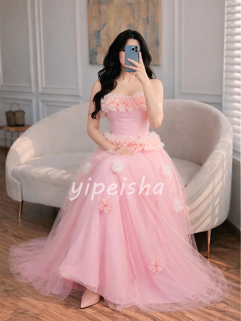 Customized Intricate Charming Pink Tulle Pleat Handmade Flower Tiered A-line Off-the-shoulder Floor-Length Evening Dresses