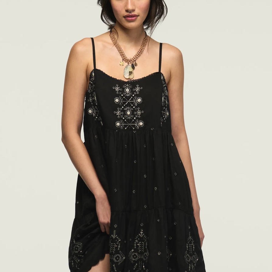 Lucky Brand Marakesh Tiered Mini Dress - Women's Clothing Dresses Mini Dress in Caviar, Size L - Lucky Brand